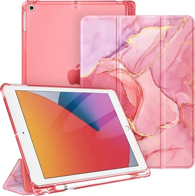Produktbild von Fintie Hülle für iPad 9. Generation 2021/8. Gen 2020/7. Gen 2019 10.2 Zoll mit Stifthalter, ultradünne leichte Schutzhülle mit transparenter Rückseite und Auto Schlaf/Wach Funktion, Marmor Pink