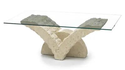 Immagine prodotto di Tavolino da Salotto Papillon con Base in Pietra Fossile White Agata e Piano in Vetro Temperato Rettangolare Trasparente 120x70x40 cm