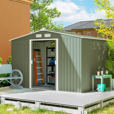 Zdjęcie produktu dla Domek ogrodowy Outsunny 4,9 m², z dachem dwuspadowym, drzwiami przesuwnymi, fundamentem, 277 x 195 x 192 cm, ocynkowany stalowy domek narzędziowy, odporny na warunki atmosferyczne, do ogrodu, jasnozielony