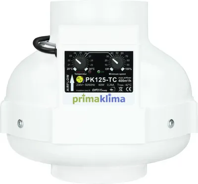 A white inline duct fan with a control panel.