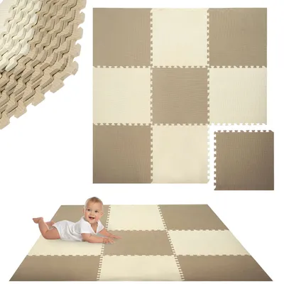 Obrázok produktu pre Humbi penová podlahová rohož 180x180 Veľké vodotesné bezpečné penové puzzle 9 kusov krémová, béžová