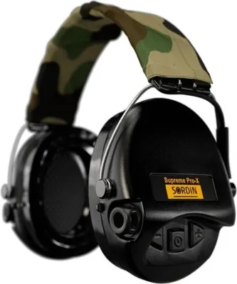 Produktbild von Sordin Supreme Pro-X Gehörschutz - aktiver Jagd-Gehörschützer - EN 352 - Gel-Kissen, Camo-Band, schwarze Kapseln