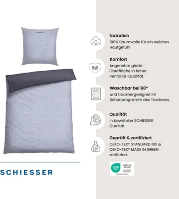Produktbild von SCHIESSER Bettwäscheset Doubleface | Renforcé | 2-teilig | Zweifarbig | 100% Baumwolle | YKK Reißverschluss  | 135x200cm + 80x80cm | Blau
