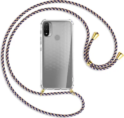 Produktbild von Handykette Backcover-Schutzhülle mit Band (Metall goldfarben) für Motorola Moto E20 (XT2155) - blau+beige