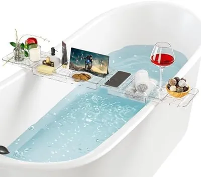 Produktbild von Badewannenablage aus Kunststoff Verstellbar Badewannenablage Transparent mit Wasserablauf Badewannentablett für Tablet und Bücher