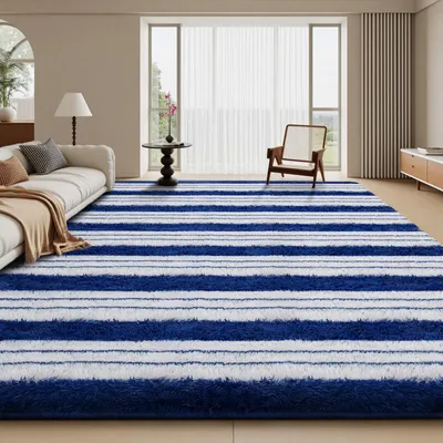 Produktbild von Hochflor Teppich mit Streifen Blau und Weiß 160x230 cm
