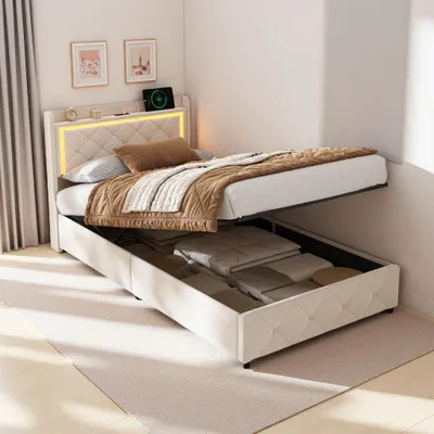 Produktbild von UnboxG Polsterbett 90x200 cm mit Bettkasten & Gasdruckfeder, LED-Beleuchtung und USB-Ladefunktion, Samtstoff Beige, Stauraumbett Jugendbett Einzelbett