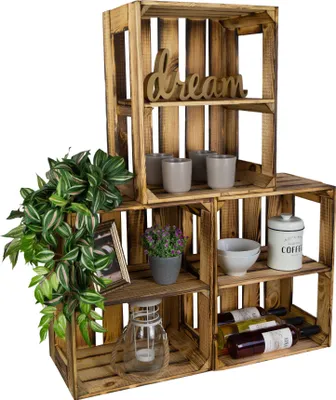 Produktbild von 3 x Schuhregalkiste Weinkistenregal Obstkiste Holzkiste Regalkiste Weinkiste Gerda geflammt QUER
