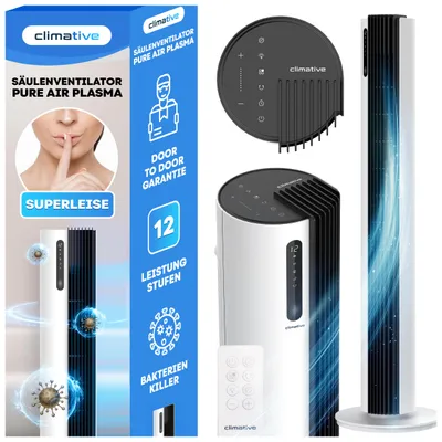 Produktbild von Leiser Stand-Turmventilator für Zuhause mit 12 Geschwindigkeitsstufen – Climative Pure Plasma – Ionisierung – Fernbedienung – Luftreinigung – Starke