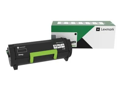 A black and green Lexmark toner cartridge is shown in front of its green and white packaging.