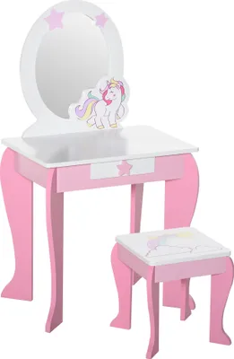Image de HOMCOM Coiffeuse Enfant Design Licorne - Tabouret Inclus - dim. 49L x 34l x 90H cm - tiroir, Miroir - MDF - Rose Blanc