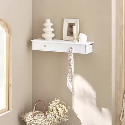 Image de SoBuy Étagère murale avec 2 tiroirs - Étagère murale moderne pour l'entrée, le salon & la chambre à coucher - Blanc 64x15x10cm FRG43-W