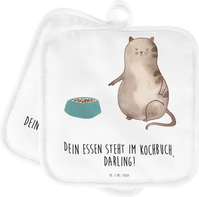 Produktbild von Mr. & Mrs. Panda Topfuntersetzer Katze Fressen - Weiß - Geschenk, Kochlappen, Topflappen 2er Set, topfhalter