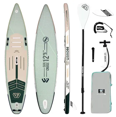 Obrázek produktu pro Nafukovací SUP deska WaveRite 381 x 84 x 15 cm, nosnost až 200 kg, ultralehká deska pro stand up paddleboarding s nožním pedálem, turistika, pro 2+1 osobu, zelená