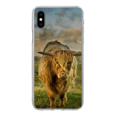 Produktbild von MuchoWow® Handyhülle Schutzhülle Hülle für iPhone Xs Schottischer Highlander - Gras - Berg Silikon Softcase Handy Hülle - Handytasche