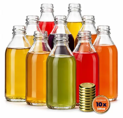 Zdjęcie produktu dla Zestaw 10 szklanych butelek KADAX o pojemności 330 ml z zakrętką, kolor złoty – puste butelki do napełniania sokami, likierami, olejami, octami i syropami, wielokrotnego użytku
