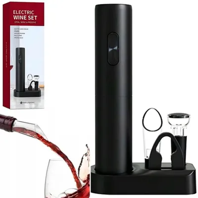 Produktbild von Weinset mit elektrischem Flaschenöffner, Ausgießer, Vakuumstopfen und Folienschneider, schnelles Öffnen ohne Kraft