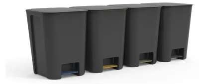 Four black pedal bins are lined up against a white background.