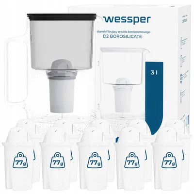 Produktbild von Wessper D2 BOROSILICATE Wasserfilterkanne 3 L Schwarz – Glasfilterkanne mit 10 AquaClassic Filter, BPA-frei