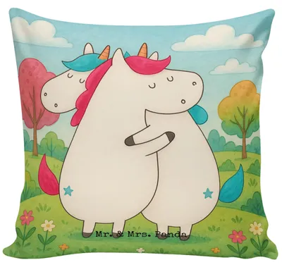 Produktbild von Mr. & Mrs. Panda Dekokissen Einhörner Umarmen Design - Weiß - Geschenk, Liebe, kissen für sofa, Unicorn, Sister, Einhorn, flauschkissen, BFF, 40 x 40, Zierkissen, Familie