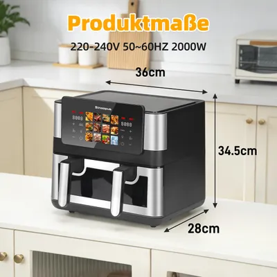 Immagine prodotto di Friggitrice ad aria - Capacità 8,5 litri - 2000 W - Doppio cestello - 12 programmi - Display touch LED - Finestra trasparente - Frittura senza olio