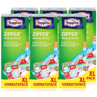 Produktbild von Toppits Zipper Allzweck-Beutel 20x15cm - Vorratspack XL 28x1 Liter (6er Pack)