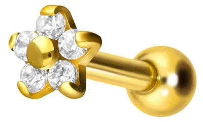 Produktbild von Ohrpiercing Titan Ohrpiercing mit Innengewinde BLUME MIT 5 KRISTALLEN Gold Stablänge: 6mm