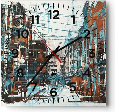 Produktbild von Wanduhr - Quadrat - Glasuhr - Stadt Straße Haus - 30x30cm - Schleichendes Uhrwerk - Lautlos - zum Aufhängen bereit - Dekoration Modern - Wanddekoration aus Glas - C4AC30x30-3806