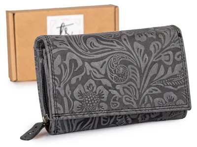 Produktbild von Ekavale Große Damen Geldbörse Echt Leder mit Blumenprägung RFID Portemonnaie Schwarz