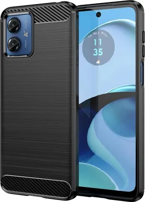 A black carbon fiber textured phone case is shown next to a smartphone displaying the time.
