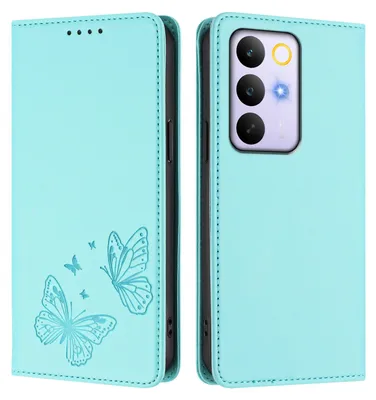Image de Étui en cuir pour Realme C85 5G, étui de protection type portefeuille en cuir gaufré motif papillon avec support, couleur turquoise