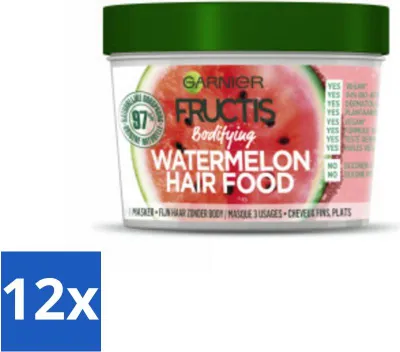 Produktbild von Garnier - Fructis Hair Food Wassermelone - 3-in-1 Haarmaske - Kraftloses Haar - 400 ml - Vorteilspack - 12 Stücke