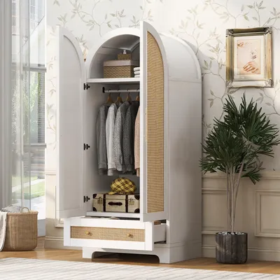 Produktbild von Kleiderschrank 70*55*170cm, Doppeltüren-Design, mit Schubladen und Ablagefächern, Türen aus Kunstrattan