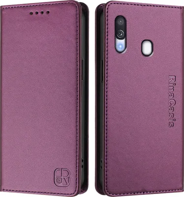 A purple flip case for a smartphone is shown from the front and back.
