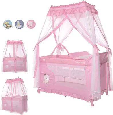 Produktbild von Lorelli 3in1 Babybett und Laufstall, Baldachin Betthimmel Magic Sleep mit 2 Ebenen, Kinderbett ab Geburt, Baby Reisebett, rosa