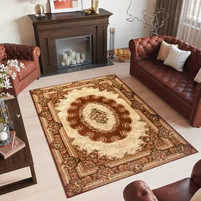 Produktbild von Teppich Wohnzimmer Schlafzimmer Kurzflor Design Klassisch Muster Floral Ornament Braun Beige  120 x 170 cm