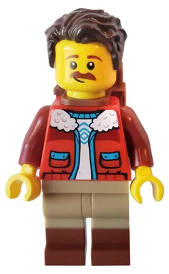 Immagine prodotto di LEGO Minifigura da campeggio - Uomo, capelli castano scuro, giacca rossa, tonalità marrone scuro (idea147)
