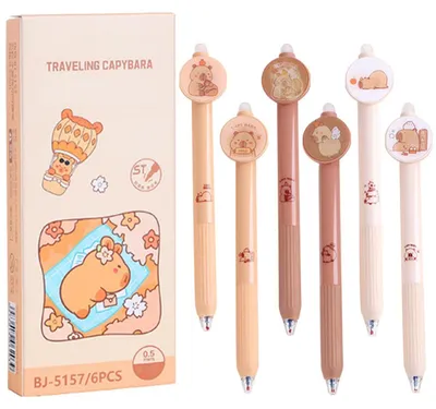 Immagine prodotto di Set di 6 penne cancellabili, punta 0,5 mm, colore blu, con meccanismo a sfera a forma di testa di animale, ideali per scuola e ufficio