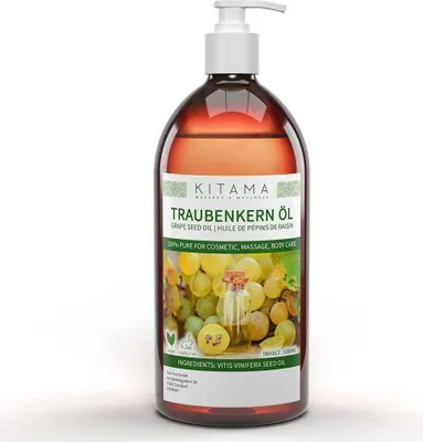 Produktbild von Kitama Traubenkernöl raffiniert 1-Liter (1000ml) - Reines Öl als Massageöl Pflege-Öl für Gesicht Haare Haut, Basis-Öl Körper-Öl Haut-Öl