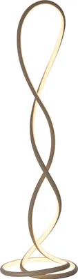 A tall, modern floor lamp with a twisted, ribbon-like design.