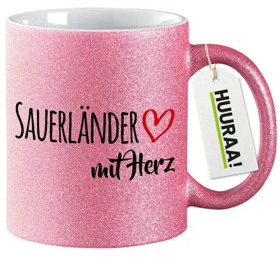 Produktbild von Huuraa Glitzertasse Sauerländer mit Herz 330ml Pink Keramik Kaffeebecher Geschenkidee