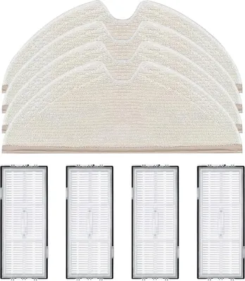 A set of replacement parts for a robot vacuum cleaner, including mop pads and filters, displayed against a white background.
