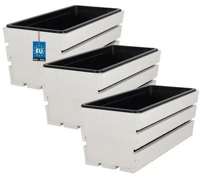 Produktbild von KOTARBAU® 3er Set Blumenkasten für Balkon 40x18x15cm Pflanzkasten Balkonkasten mit Kunststoffeinsatz Blumentopf Kräutertopf aus Kiefernholz Weiß