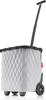 A white quilted shopping trolley with a black handle and wheels, set against a white background.