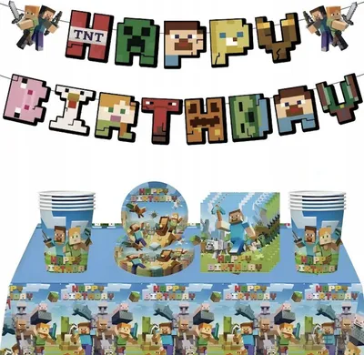 Produktbild von Geburtstagsset Minecraft: Ballons, Becher, Teller, Servietten, Dekoration – 42 Teile