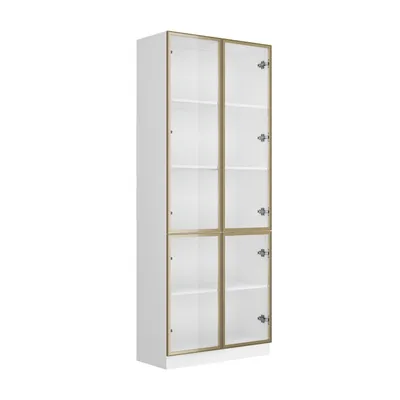 Produktbild von Weißer Vitrinenschrank mit 4 Glastüren 80x36x200cm, Goldene Aluminiumrahmen, 3-Lichtfarben-LED, Aufbewahrungsschrank, Drucköffner, für Wohnzimmer Büro
