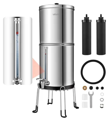 Image de Système de filtration d'eau par gravité VEVOR, filtre à eau en acier inoxydable 304 de 8,52 litres, appareil de filtration d'eau qui réduit le plomb et jusqu'à 99 % du chlore, avec 2 filtres à charbon actif, indicateur de niveau d'eau, idéal pour la maison et le camping