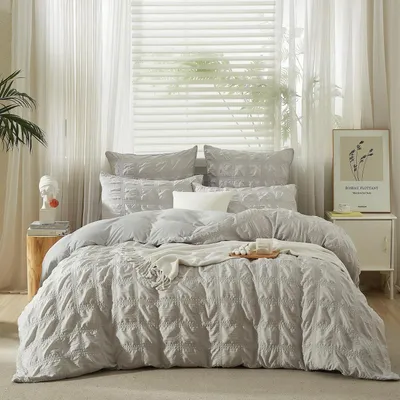 Immagine prodotto di Set di lenzuola in seersucker, 200x220 cm, grigio a quadri, 3 pezzi, in microfibra con cerniera