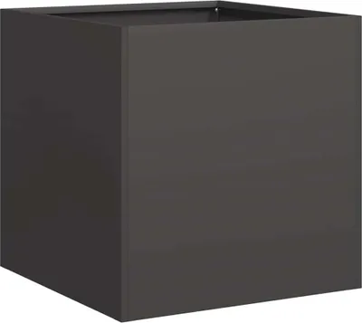 A dark gray cube-shaped planter is shown against a white background.