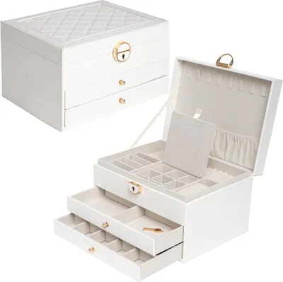 Produktbild von Schmuckkästchen für Damen mit 2 Schubladen, Schmuck Organizer, Schmuckschatulle, Schmuckaufbewahrung für Ketten, Ringe Weiß
